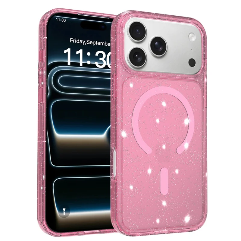 Capa Magnética para iPhone 17 Pro com Design Brilhante, Capa Transparente em TPU PC PET à Prova de Quedas - Rosa Transparente