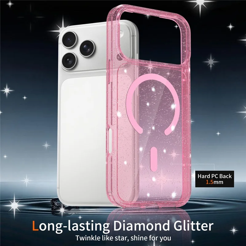 Capa Magnética para iPhone 17 Pro com Design Brilhante, Capa Transparente em TPU PC PET à Prova de Quedas - Rosa Transparente