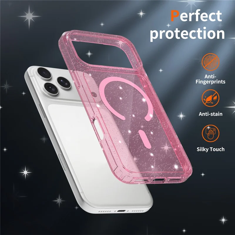 Capa Magnética para iPhone 17 Pro com Design Brilhante, Capa Transparente em TPU PC PET à Prova de Quedas - Rosa Transparente