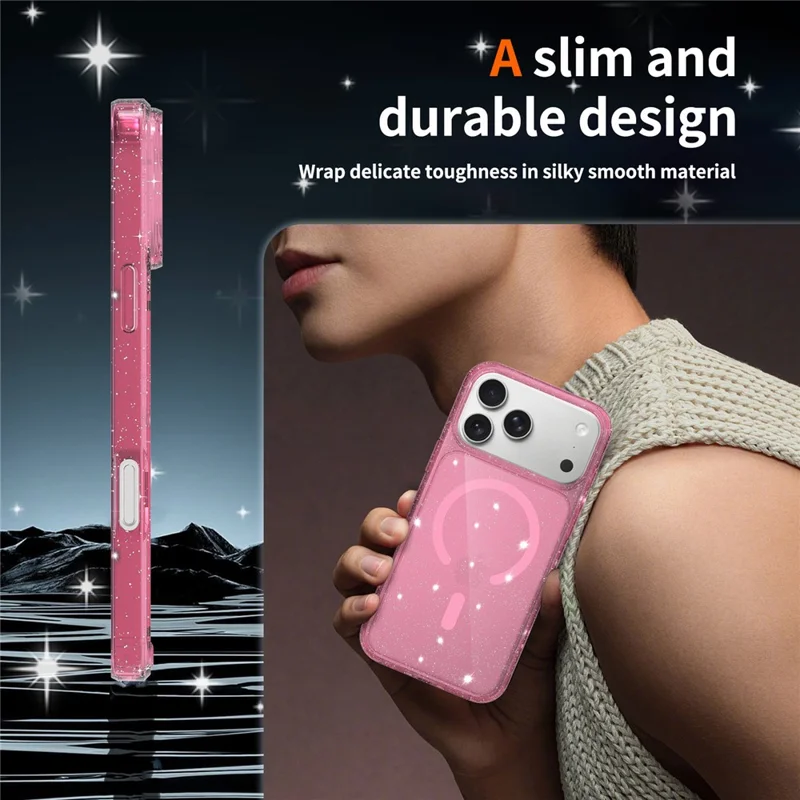 Capa Magnética para iPhone 17 Pro com Design Brilhante, Capa Transparente em TPU PC PET à Prova de Quedas - Rosa Transparente