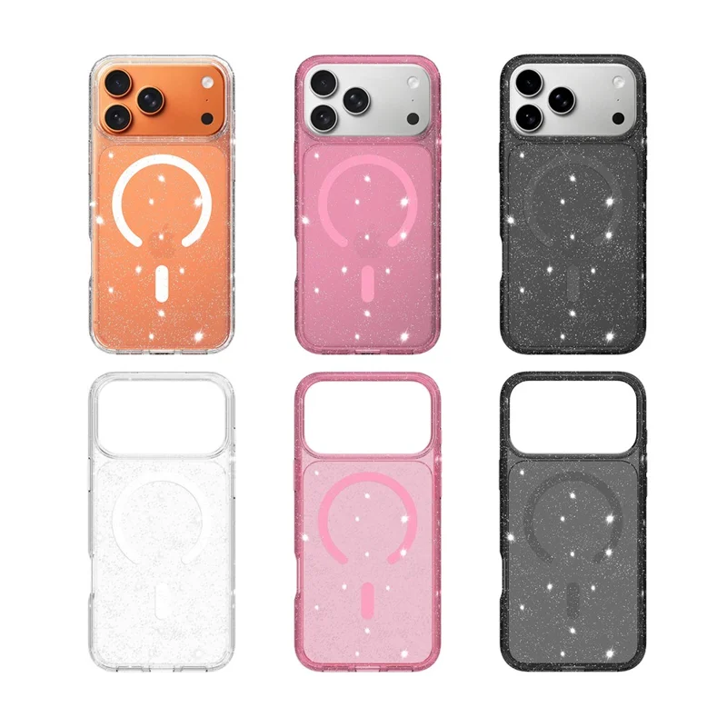 Capa Magnética para iPhone 17 Pro com Design Brilhante, Capa Transparente em TPU PC PET à Prova de Quedas - Rosa Transparente