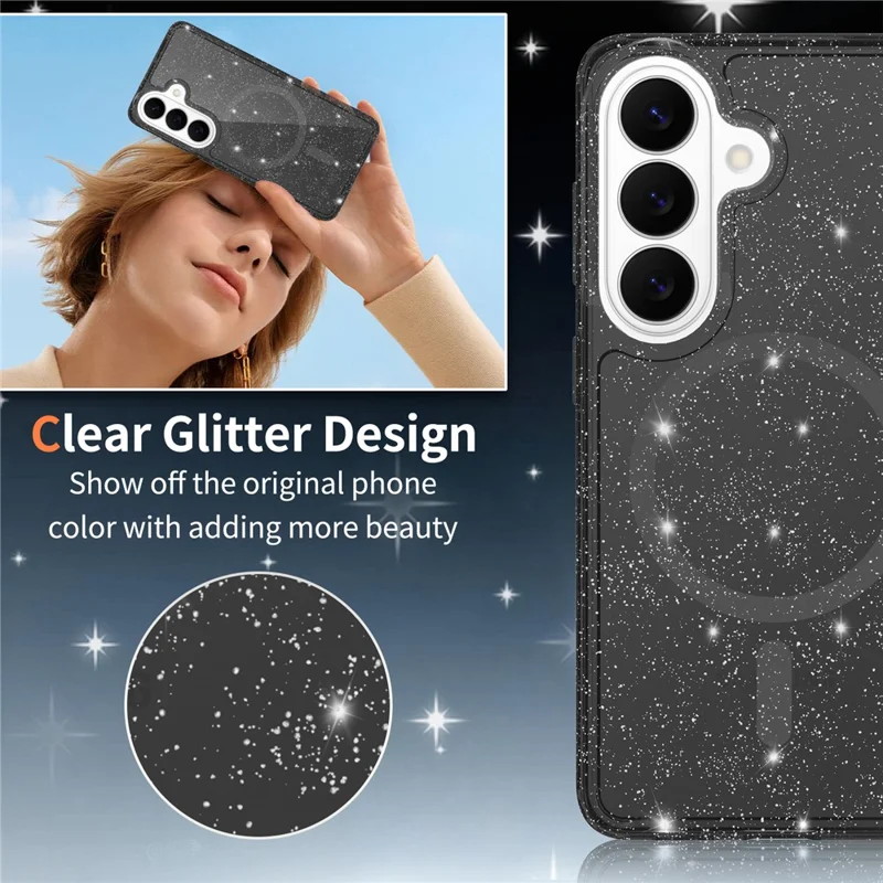 For Samsung Galaxy S26 Magnetic Case Glitter Design TPU PC PET Drop Proof Phone Cover - Transparent Black