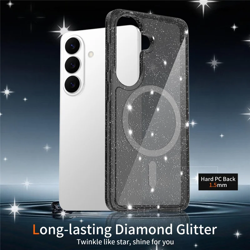 For Samsung Galaxy S26 Magnetic Case Glitter Design TPU PC PET Drop Proof Phone Cover - Transparent Black