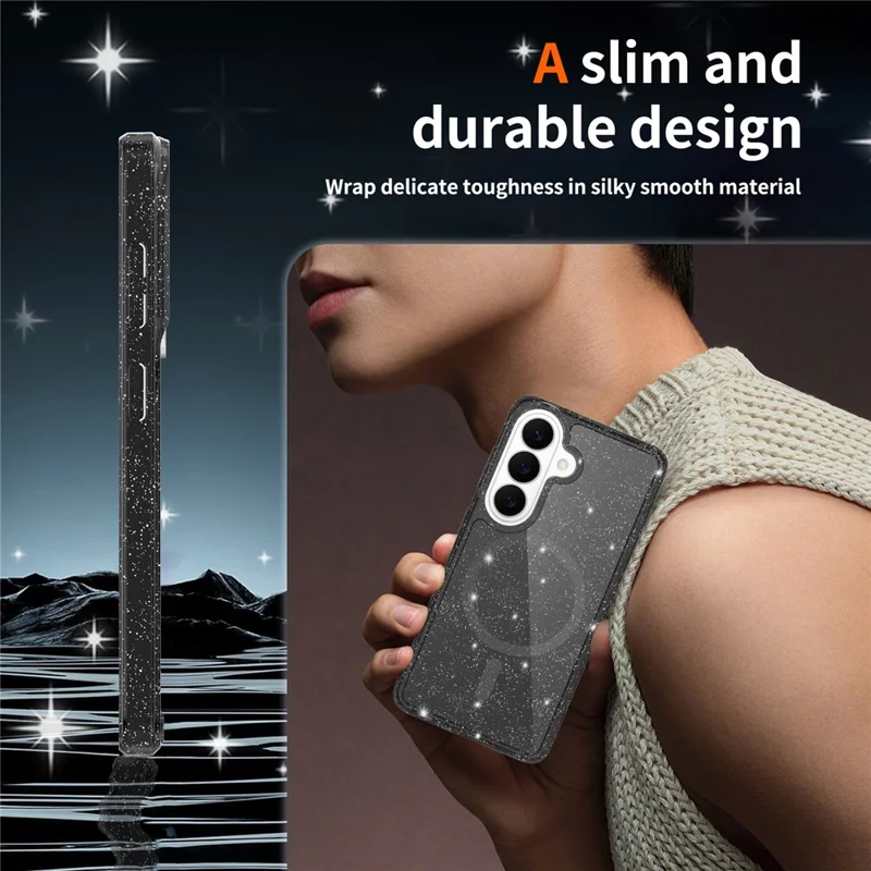 For Samsung Galaxy S26 Magnetic Case Glitter Design TPU PC PET Drop Proof Phone Cover - Transparent Black