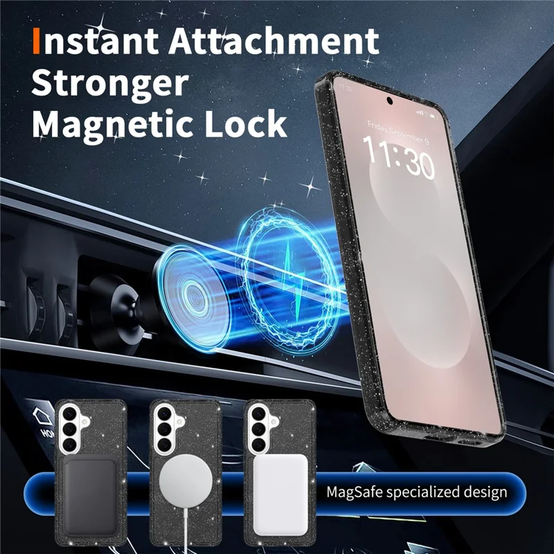 For Samsung Galaxy S26 Magnetic Case Glitter Design TPU PC PET Drop Proof Phone Cover - Transparent Black
