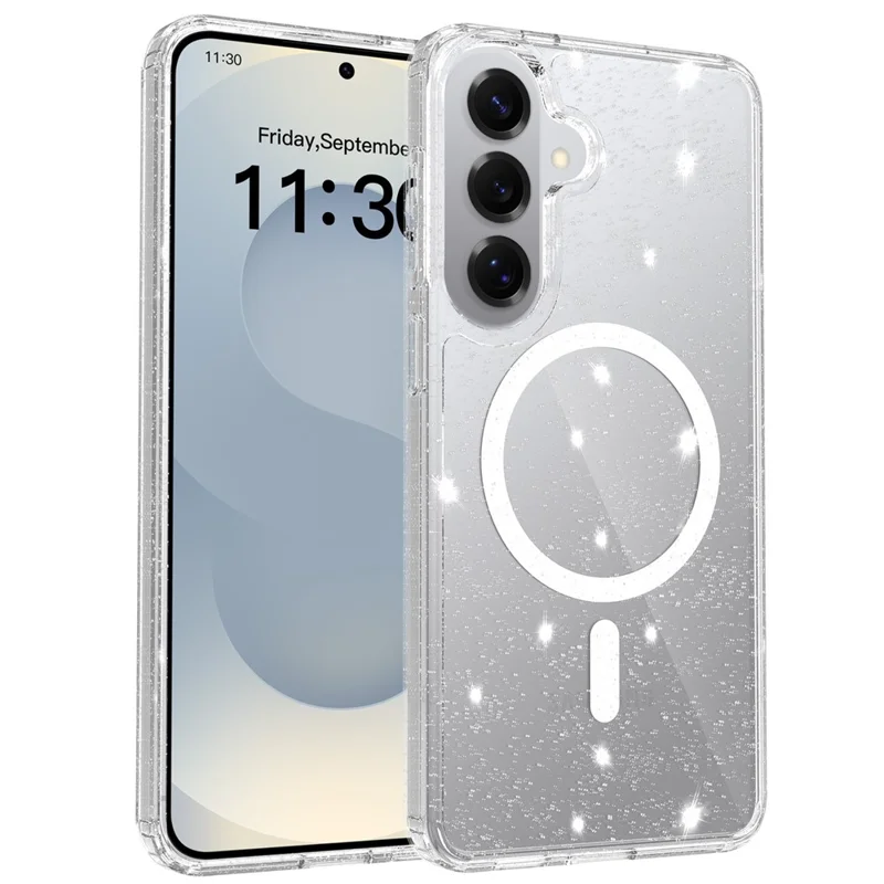 For Samsung Galaxy S26+ Magnetic Case Glitter Design TPU PC PET Drop Proof Phone Cover - Transparent