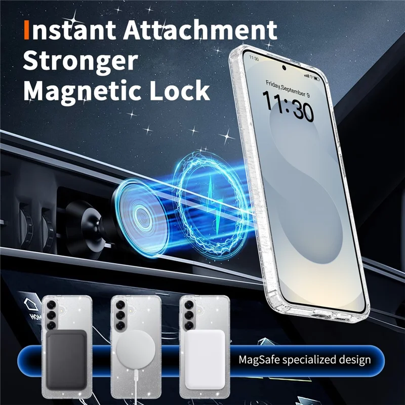 For Samsung Galaxy S26+ Magnetic Case Glitter Design TPU PC PET Drop Proof Phone Cover - Transparent