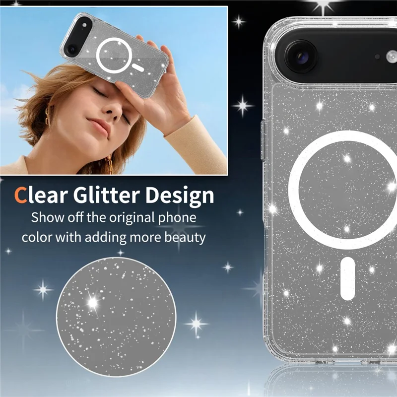 For iPhone Air Magnetic Case Glitter Design TPU PC PET Drop Proof Phone Cover - Transparent