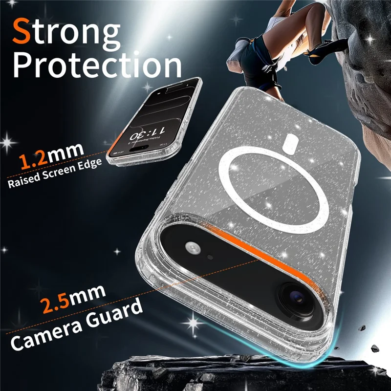 For iPhone Air Magnetic Case Glitter Design TPU PC PET Drop Proof Phone Cover - Transparent