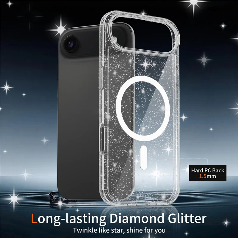 For iPhone Air Magnetic Case Glitter Design TPU PC PET Drop Proof Phone Cover - Transparent