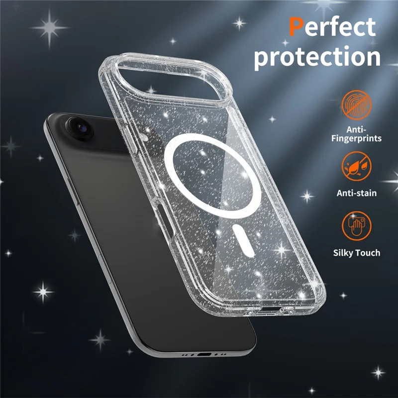For iPhone Air Magnetic Case Glitter Design TPU PC PET Drop Proof Phone Cover - Transparent