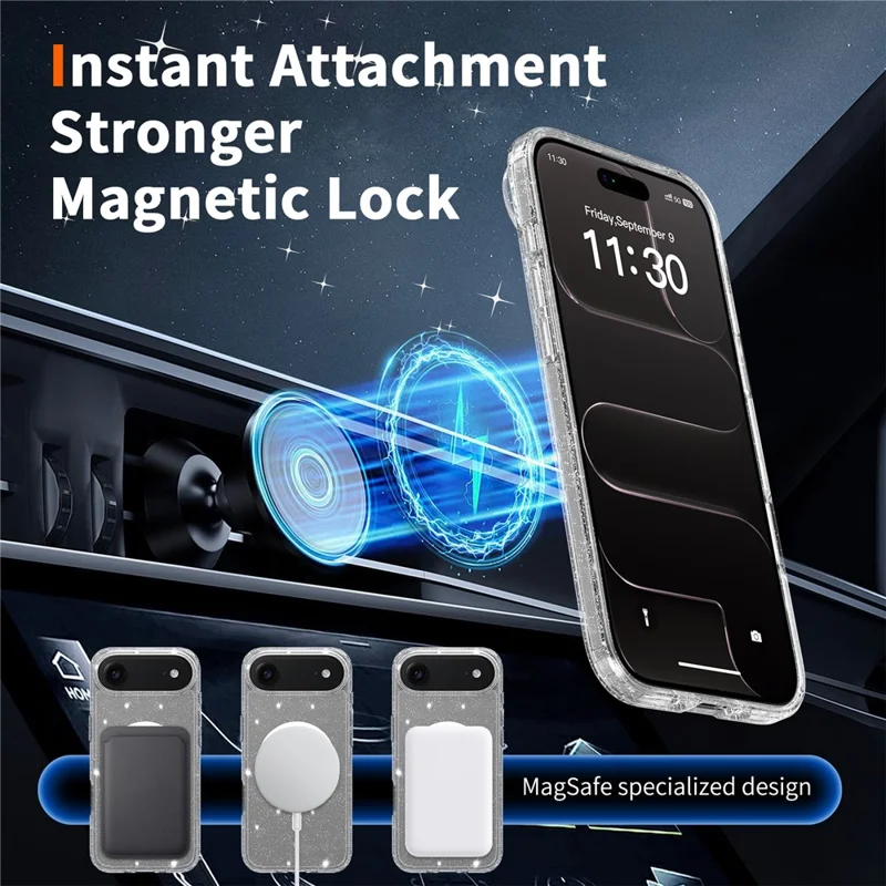 For iPhone Air Magnetic Case Glitter Design TPU PC PET Drop Proof Phone Cover - Transparent