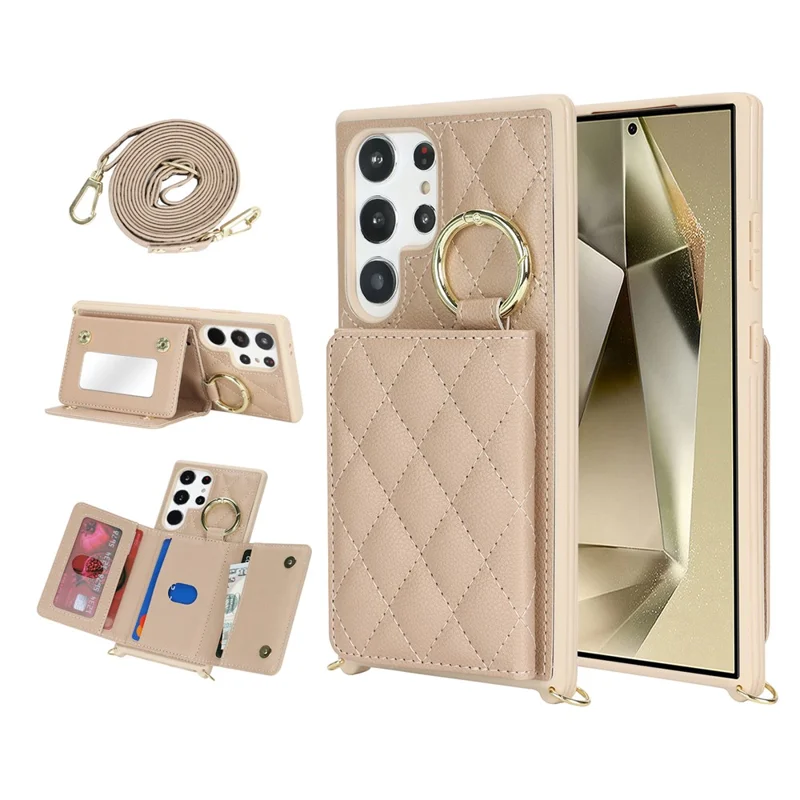 For Samsung Galaxy S23 Ultra Case with Lanyard / Mirror / Card Holder Grids Pattern RFID Blocking Phone Cover - Beige