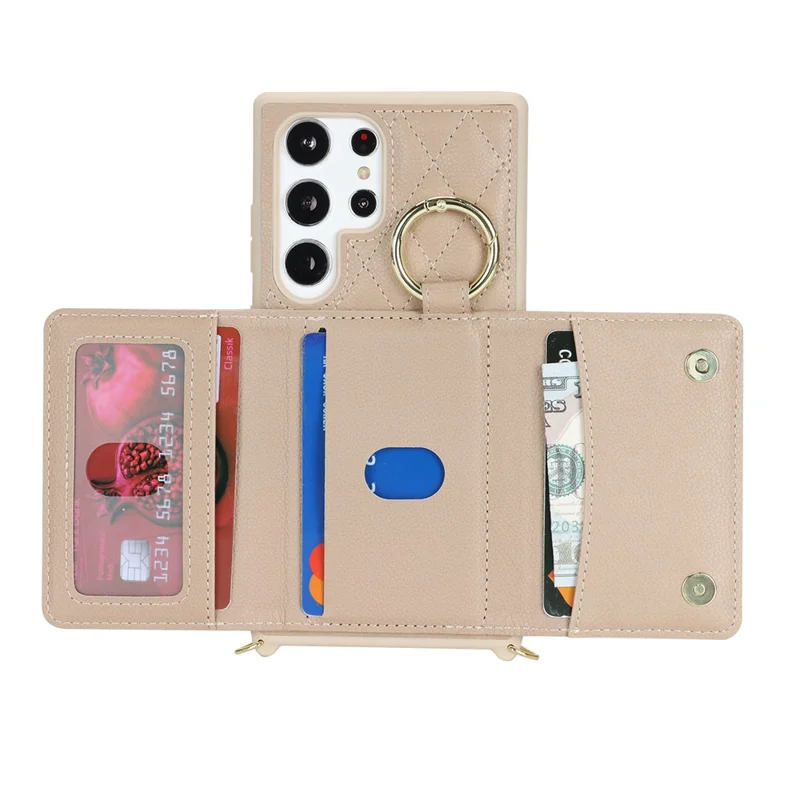 For Samsung Galaxy S23 Ultra Case with Lanyard / Mirror / Card Holder Grids Pattern RFID Blocking Phone Cover - Beige