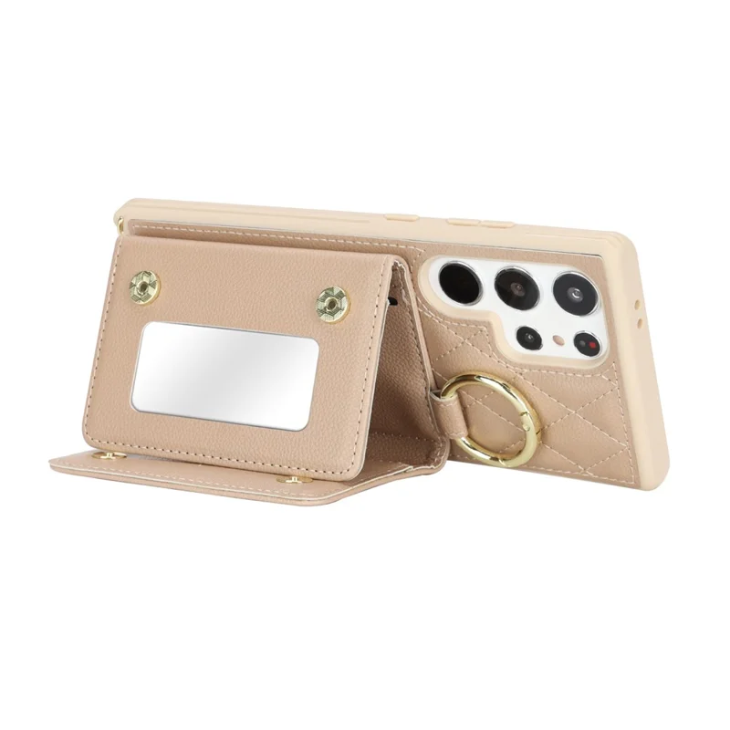 For Samsung Galaxy S23 Ultra Case with Lanyard / Mirror / Card Holder Grids Pattern RFID Blocking Phone Cover - Beige