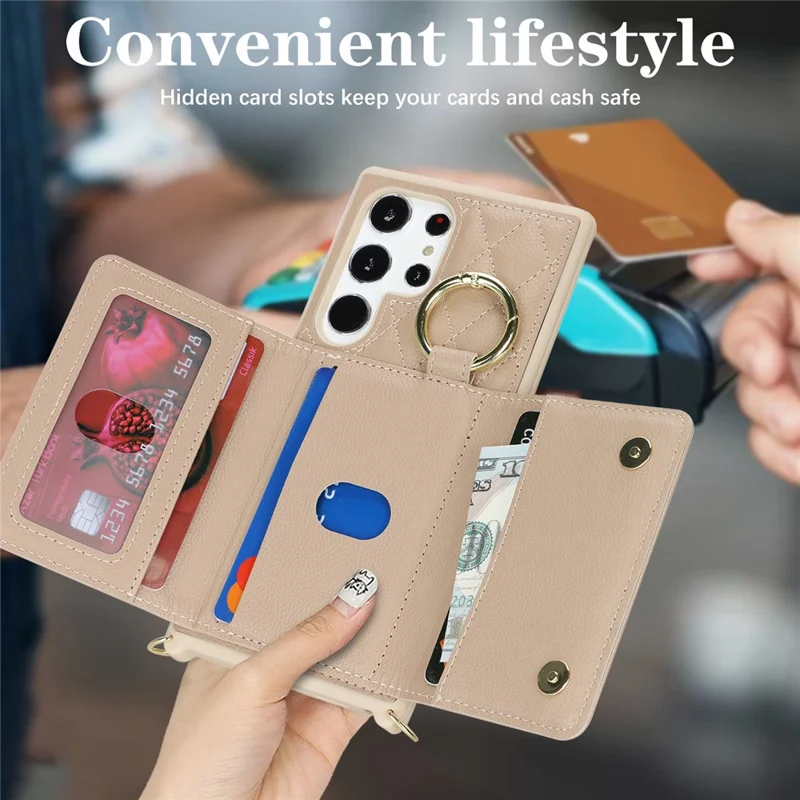 For Samsung Galaxy S23 Ultra Case with Lanyard / Mirror / Card Holder Grids Pattern RFID Blocking Phone Cover - Beige