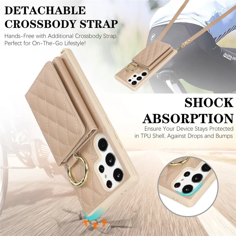 For Samsung Galaxy S23 Ultra Case with Lanyard / Mirror / Card Holder Grids Pattern RFID Blocking Phone Cover - Beige