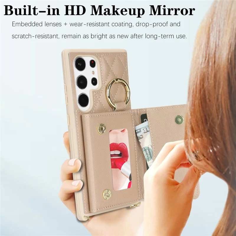 For Samsung Galaxy S23 Ultra Case with Lanyard / Mirror / Card Holder Grids Pattern RFID Blocking Phone Cover - Beige