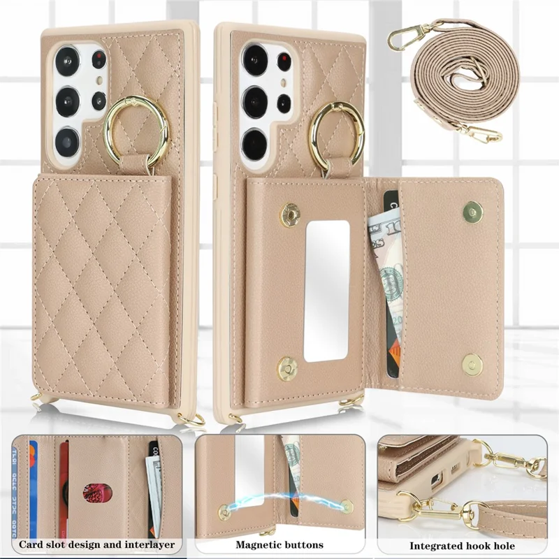 For Samsung Galaxy S23 Ultra Case with Lanyard / Mirror / Card Holder Grids Pattern RFID Blocking Phone Cover - Beige