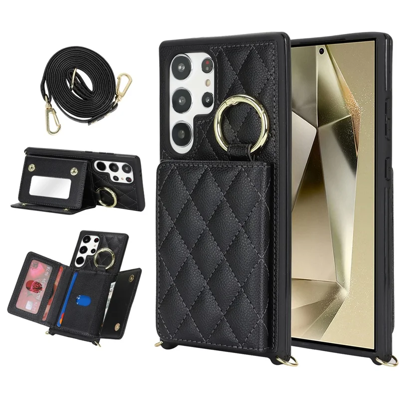 For Samsung Galaxy S24 Ultra Case with Lanyard / Mirror / Card Holder Grids Pattern RFID Blocking Phone Cover - Black