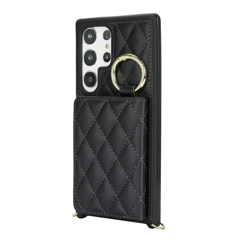 For Samsung Galaxy S24 Ultra Case with Lanyard / Mirror / Card Holder Grids Pattern RFID Blocking Phone Cover - Black