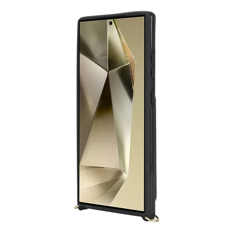 For Samsung Galaxy S24 Ultra Case with Lanyard / Mirror / Card Holder Grids Pattern RFID Blocking Phone Cover - Black