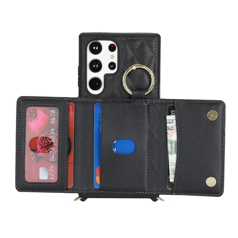 For Samsung Galaxy S24 Ultra Case with Lanyard / Mirror / Card Holder Grids Pattern RFID Blocking Phone Cover - Black