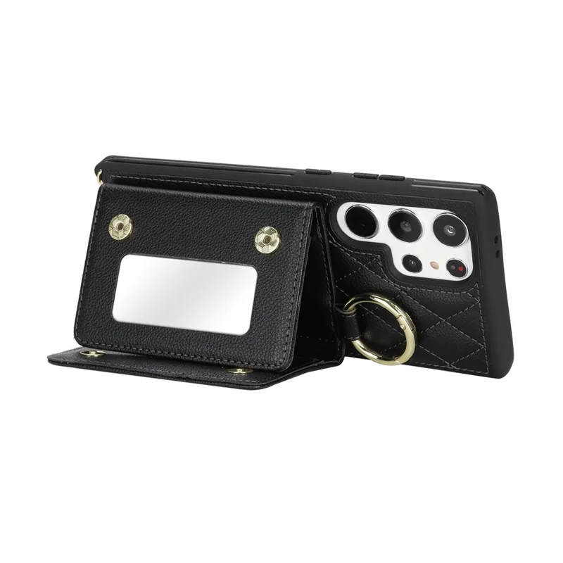 For Samsung Galaxy S24 Ultra Case with Lanyard / Mirror / Card Holder Grids Pattern RFID Blocking Phone Cover - Black