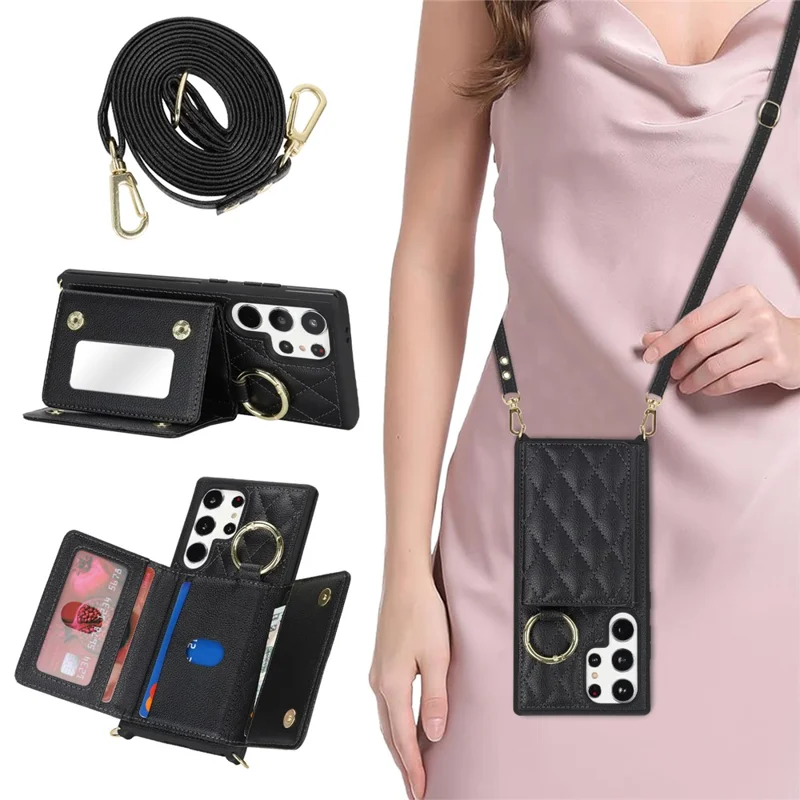 For Samsung Galaxy S24 Ultra Case with Lanyard / Mirror / Card Holder Grids Pattern RFID Blocking Phone Cover - Black