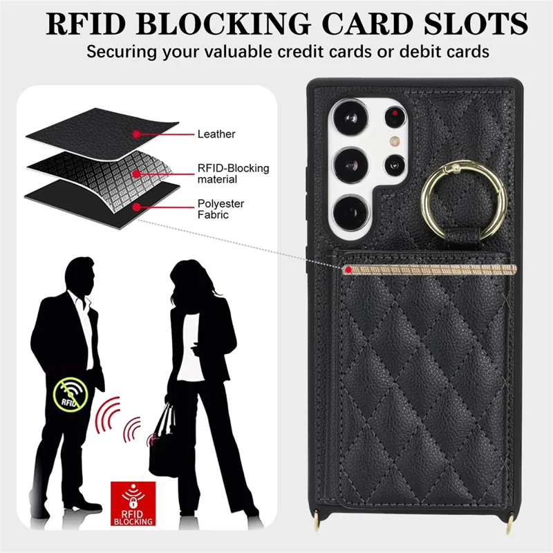 For Samsung Galaxy S24 Ultra Case with Lanyard / Mirror / Card Holder Grids Pattern RFID Blocking Phone Cover - Black