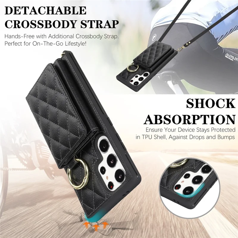 For Samsung Galaxy S24 Ultra Case with Lanyard / Mirror / Card Holder Grids Pattern RFID Blocking Phone Cover - Black