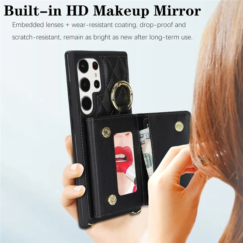 For Samsung Galaxy S24 Ultra Case with Lanyard / Mirror / Card Holder Grids Pattern RFID Blocking Phone Cover - Black