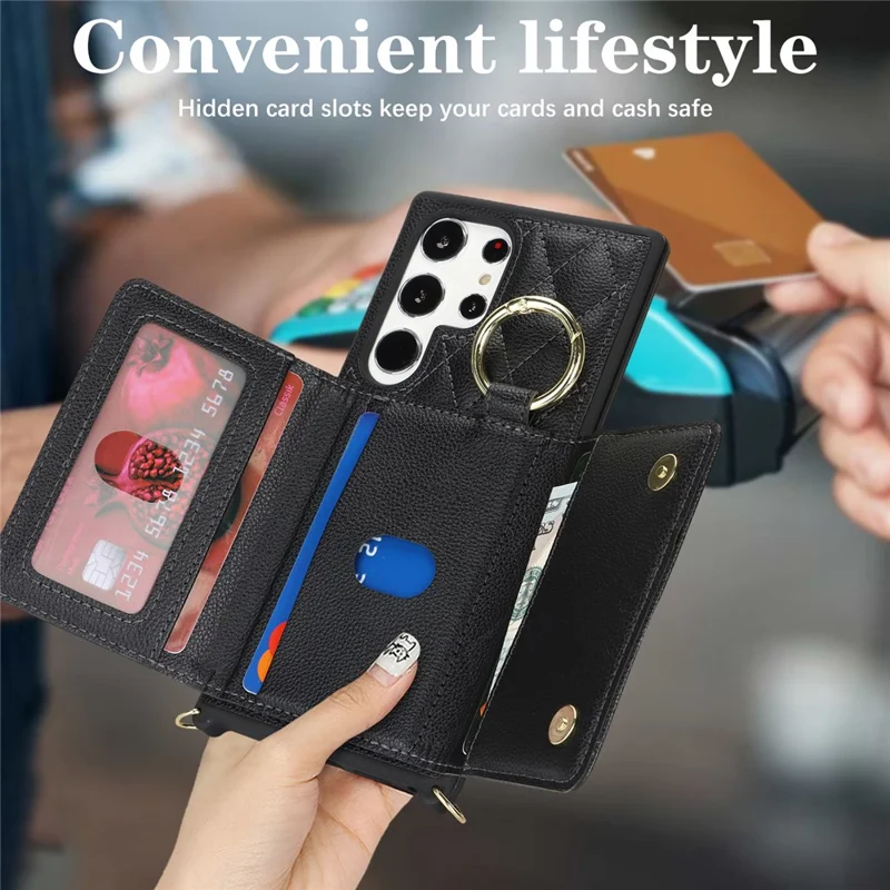 For Samsung Galaxy S24 Ultra Case with Lanyard / Mirror / Card Holder Grids Pattern RFID Blocking Phone Cover - Black