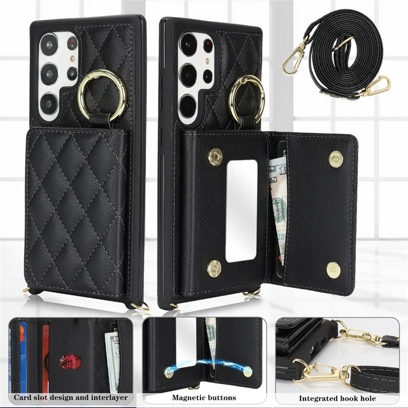 For Samsung Galaxy S24 Ultra Case with Lanyard / Mirror / Card Holder Grids Pattern RFID Blocking Phone Cover - Black