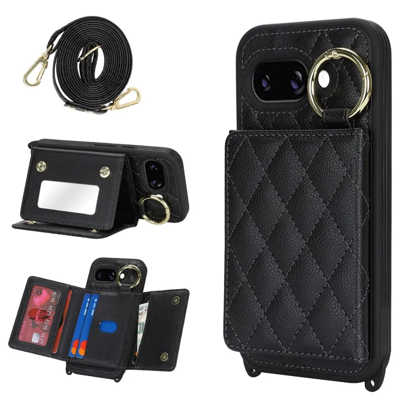 Til Google Pixel 9a Etui med Snor / Spejl / Kortholder med Gridmønster og RFID-blokerende Telefondæksel - Sort