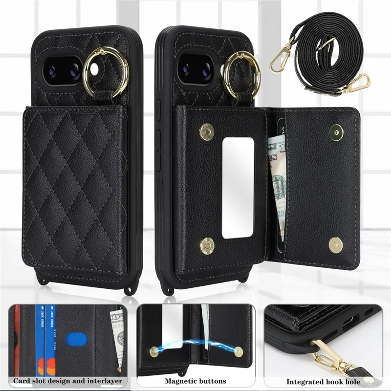 Til Google Pixel 9a Etui med Snor / Spejl / Kortholder med Gridmønster og RFID-blokerende Telefondæksel - Sort