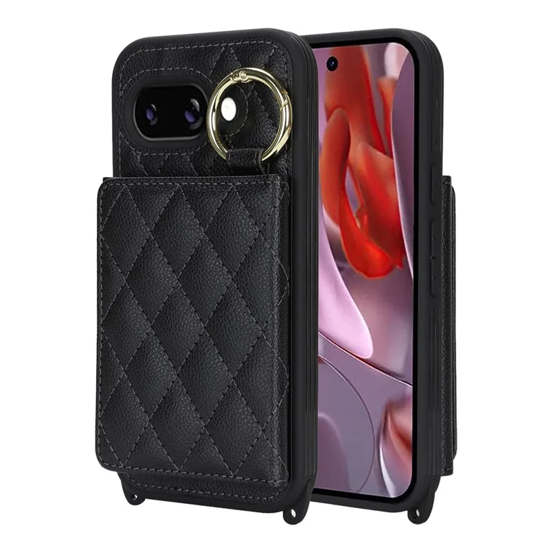 Til Google Pixel 9a Etui med Snor / Spejl / Kortholder med Gridmønster og RFID-blokerende Telefondæksel - Sort