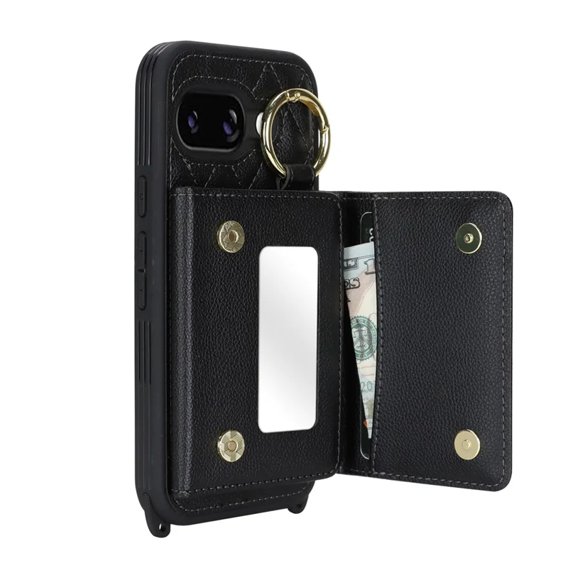 Til Google Pixel 9a Etui med Snor / Spejl / Kortholder med Gridmønster og RFID-blokerende Telefondæksel - Sort