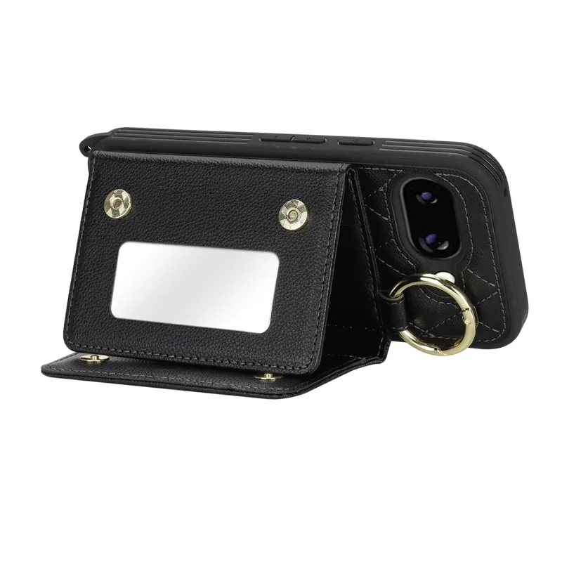 Til Google Pixel 9a Etui med Snor / Spejl / Kortholder med Gridmønster og RFID-blokerende Telefondæksel - Sort