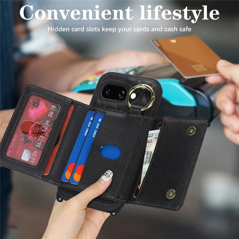 Til Google Pixel 9a Etui med Snor / Spejl / Kortholder med Gridmønster og RFID-blokerende Telefondæksel - Sort