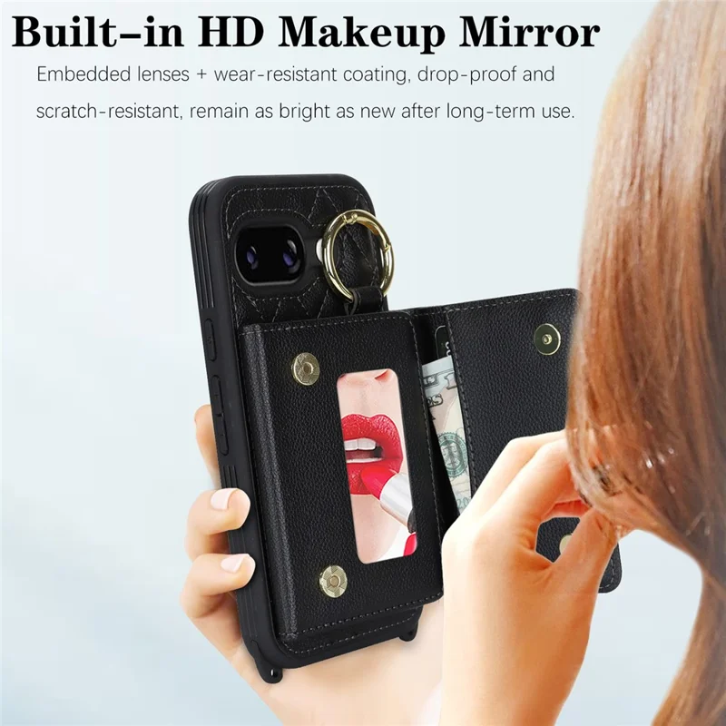 Til Google Pixel 9a Etui med Snor / Spejl / Kortholder med Gridmønster og RFID-blokerende Telefondæksel - Sort