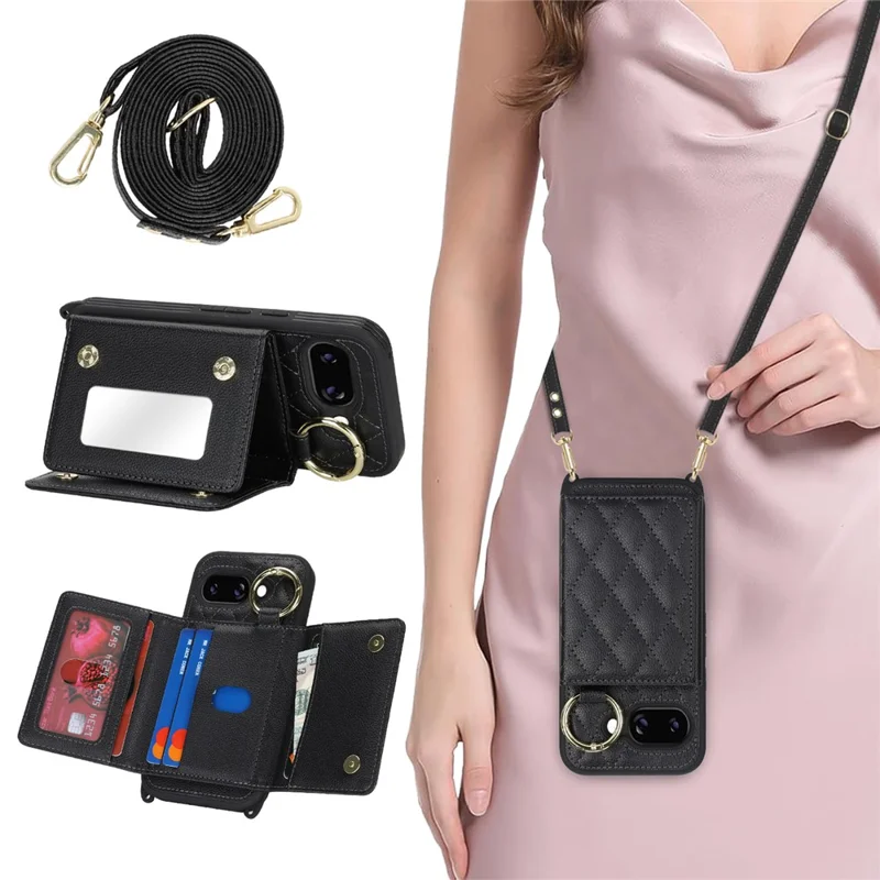 Til Google Pixel 9a Etui med Snor / Spejl / Kortholder med Gridmønster og RFID-blokerende Telefondæksel - Sort