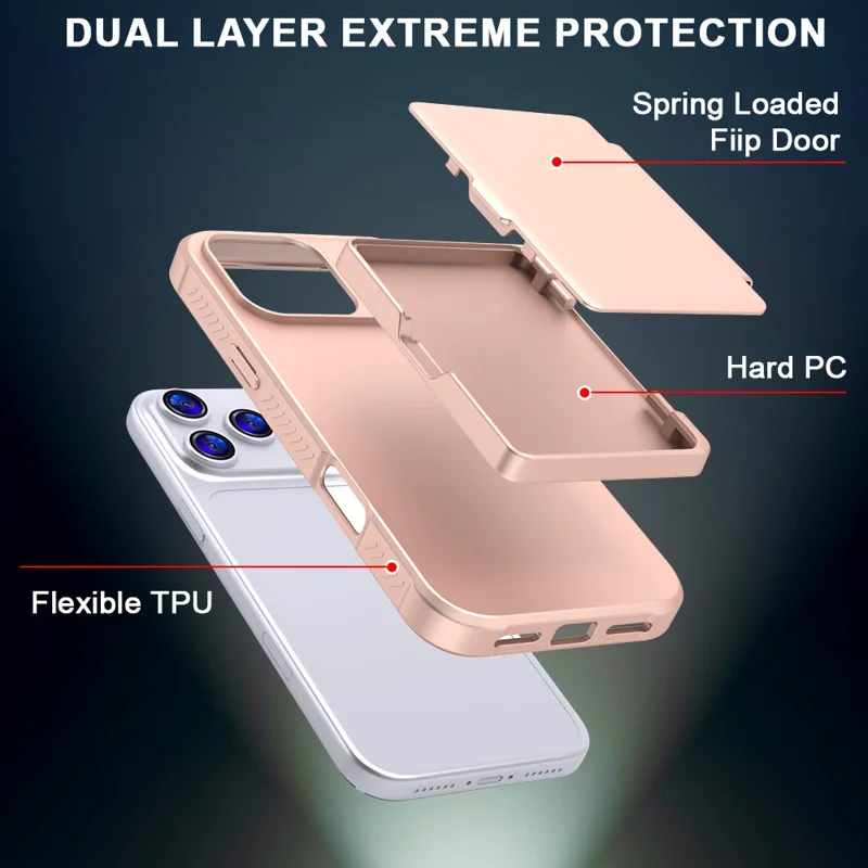 For iPhone 17 Pro Max Case with Card Holder  /  Mirror  /  Kickstand TPU + PC Phone Back Cover - Rose Gold