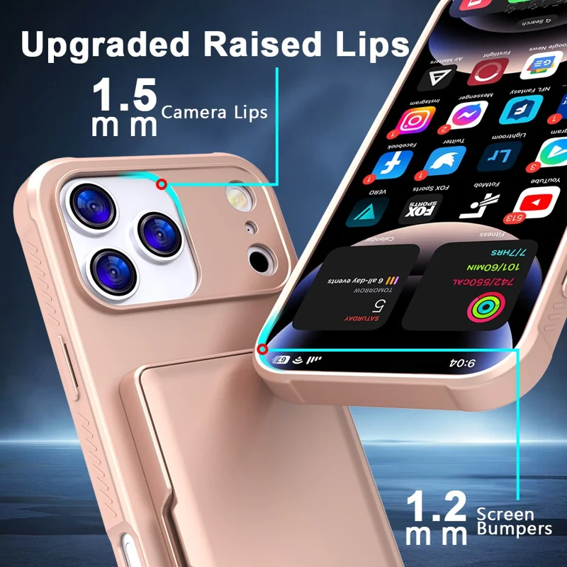 For iPhone 17 Pro Max Case with Card Holder  /  Mirror  /  Kickstand TPU + PC Phone Back Cover - Rose Gold