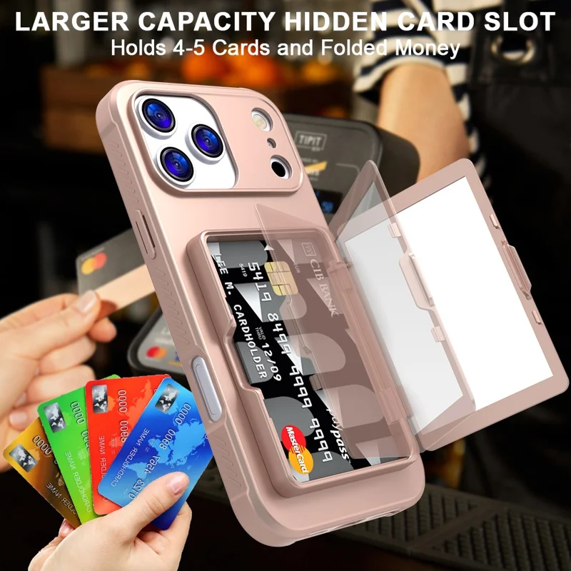For iPhone 17 Pro Max Case with Card Holder  /  Mirror  /  Kickstand TPU + PC Phone Back Cover - Rose Gold