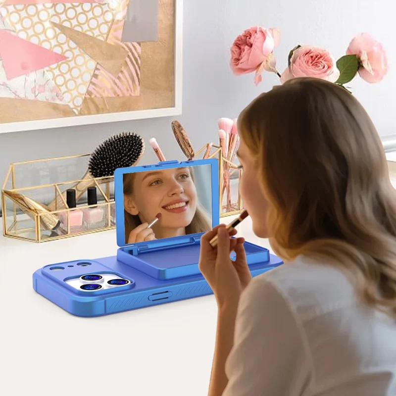 Cover per iPhone 17 Pro con Portatessere / Specchio / Supporto TPU + PC - Blu Navy