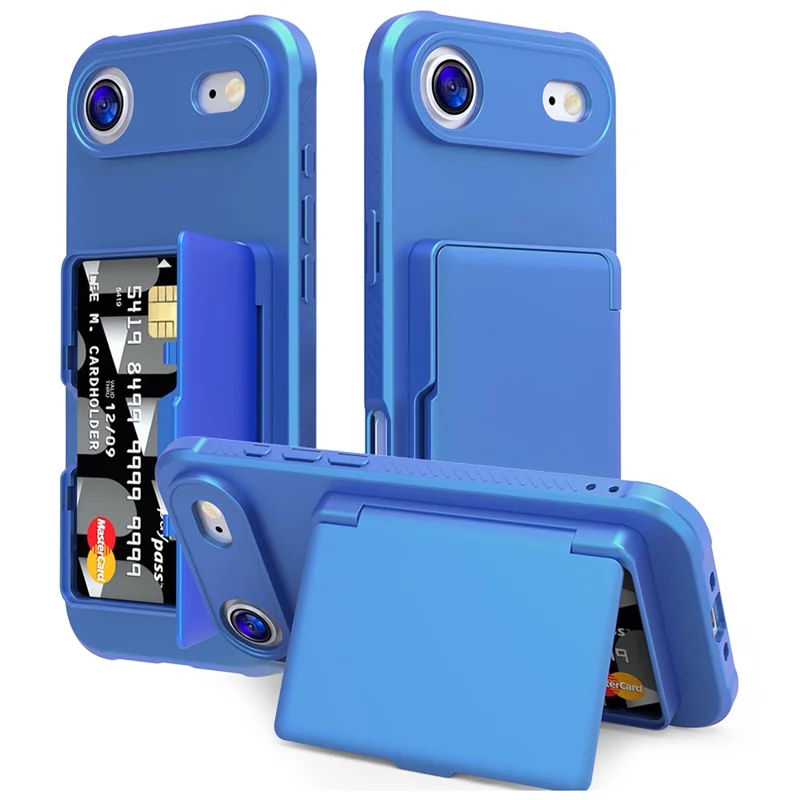 For iPhone Air Case with Card Holder  /  Mirror  /  Kickstand TPU + PC Phone Back Cover - Navy Blue