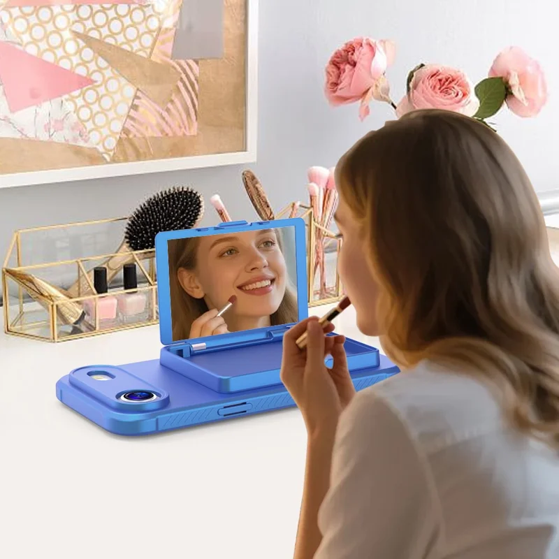 For iPhone Air Case with Card Holder  /  Mirror  /  Kickstand TPU + PC Phone Back Cover - Navy Blue