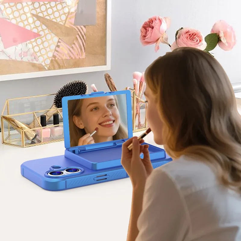 Cover per iPhone 17 con Portatessere / Specchio / Supporto TPU + PC - Blu Navy