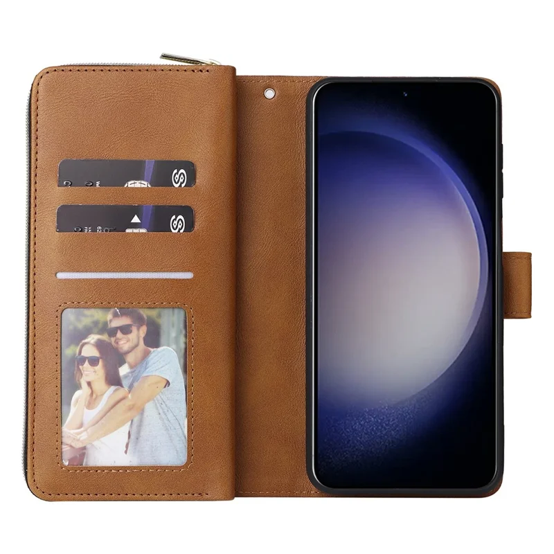 For Samsung Galaxy S26 / S26 Pro Case Zipper Pocket 9 Card Slots PU Leather Phone Cover with Hand Strap - Brown